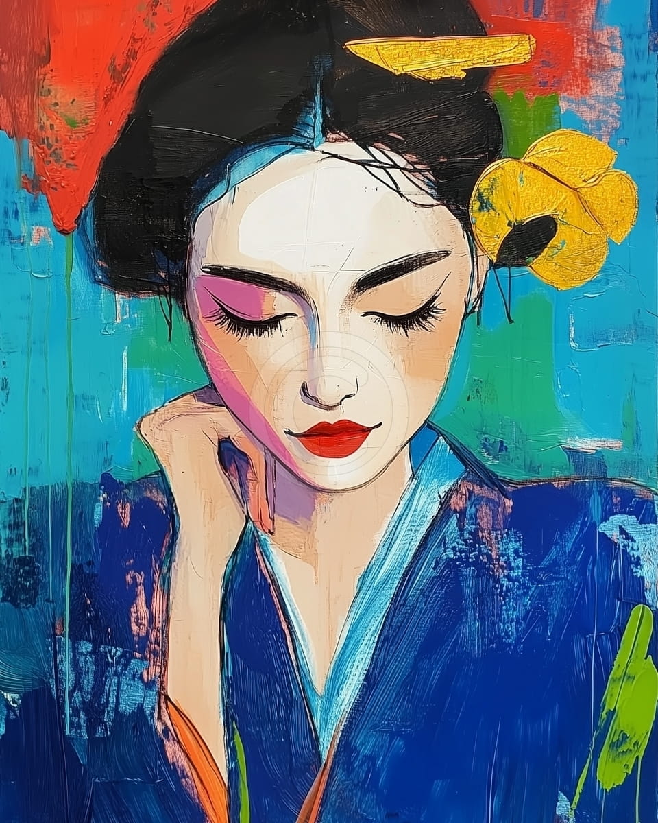 Femme en Bleu avec Fleur Jaune et Yeux Fermés