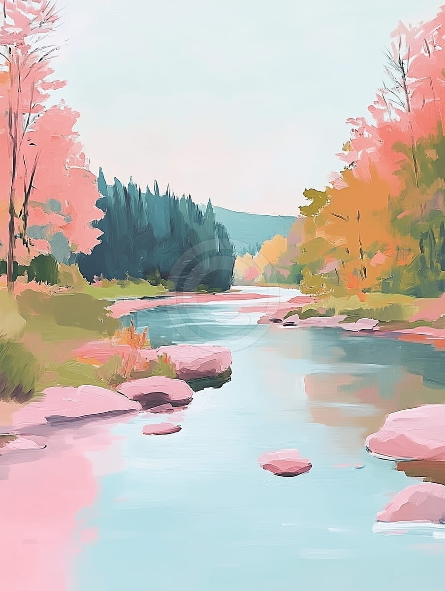 Río con árboles y rocas en colores suaves