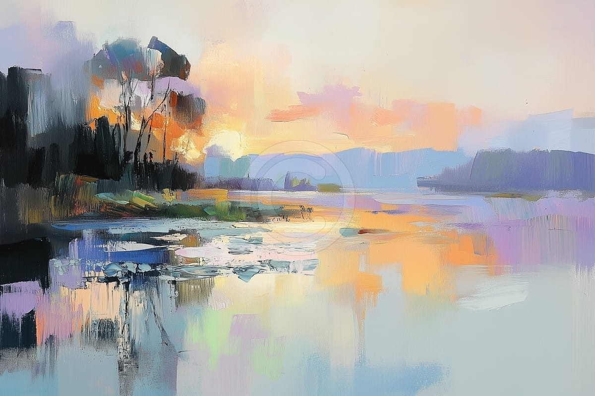 See und Bäume bei Sonnenuntergang