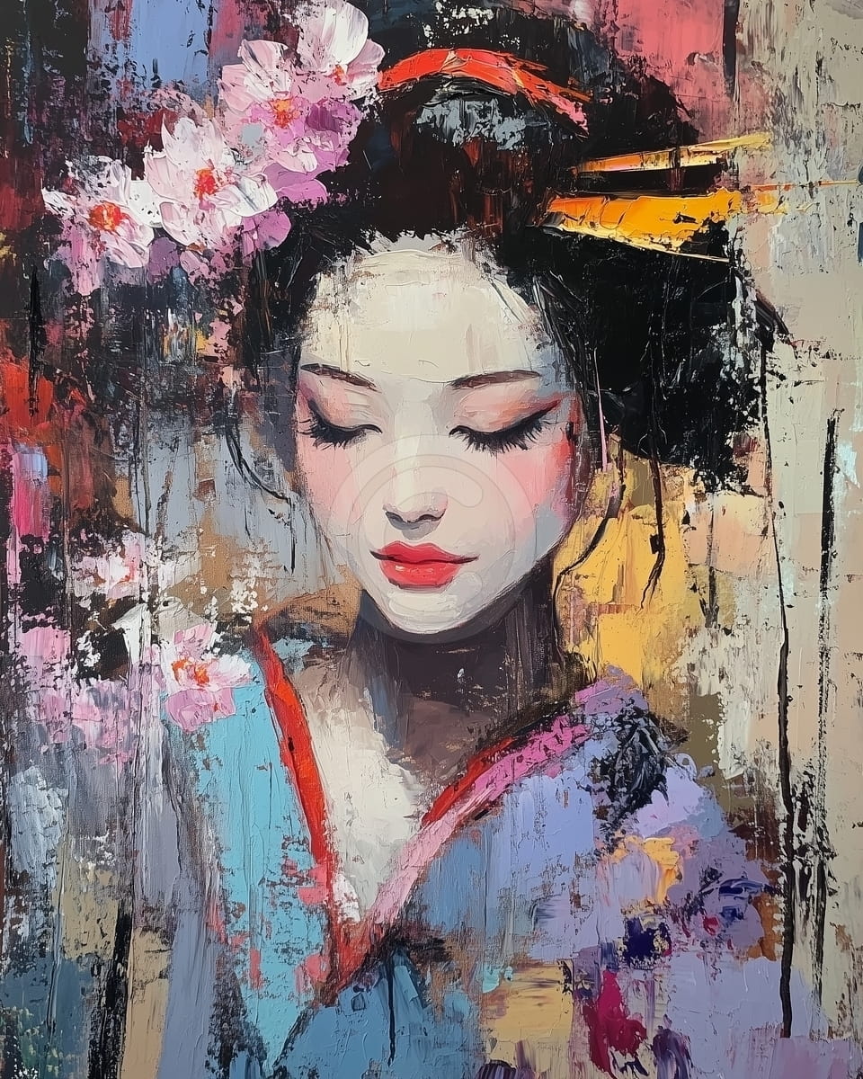 Geisha con fiori rosa