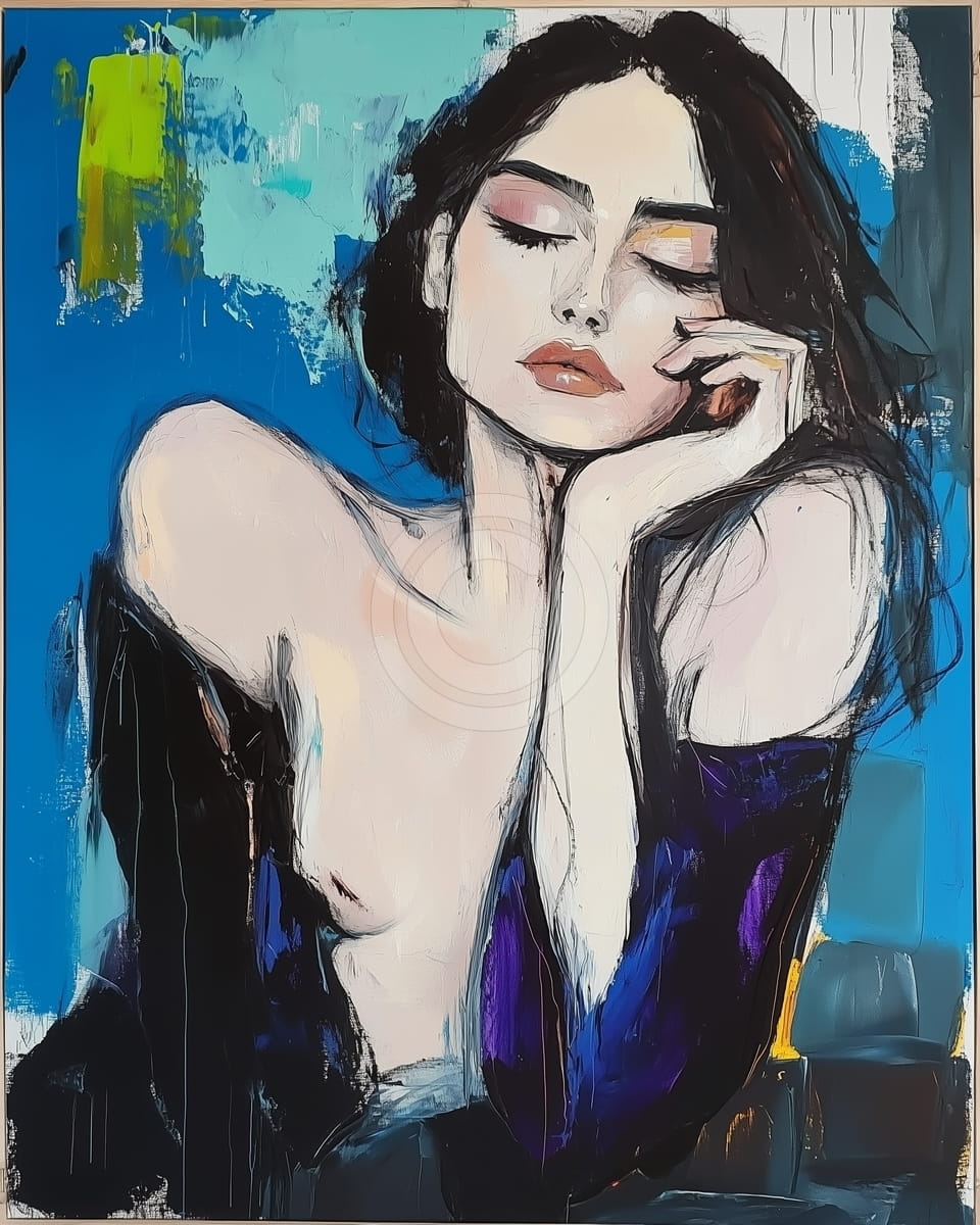 Mujer con los Ojos Cerrados y Mano en el Rostro