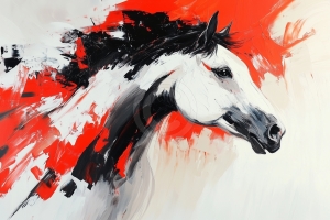 T&ecirc;te de Cheval au Galop parmi des Coups de Pinceau Rouges et Noirs