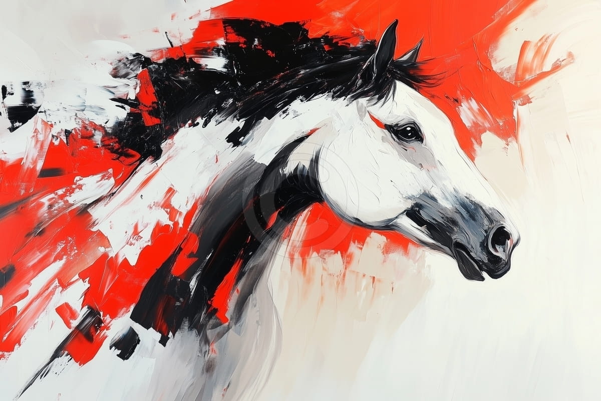 Cabeza de Caballo Galopando entre Trazos Rojos y Negros