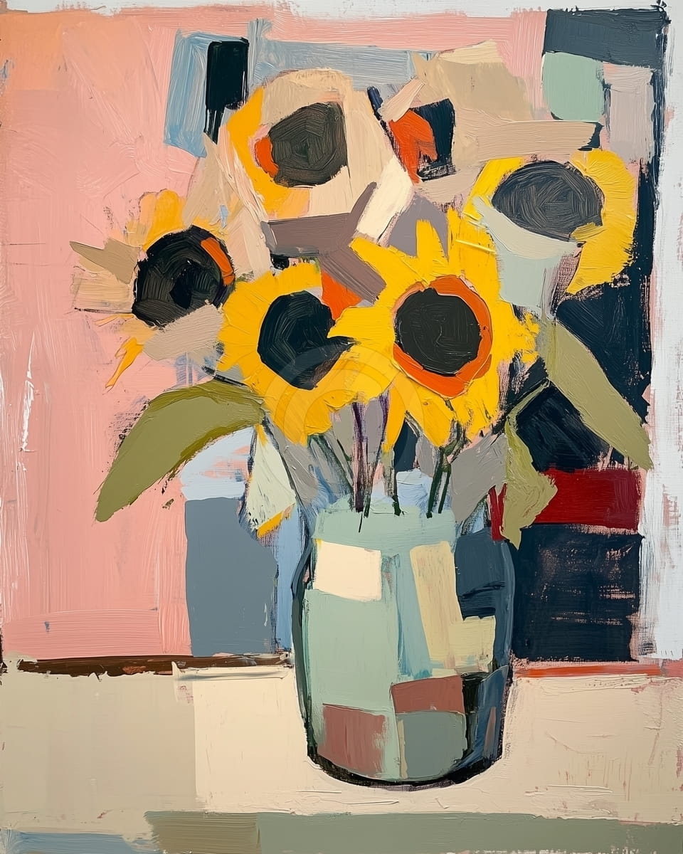 Stilistische Sonnenblumen in Verziertem Vase