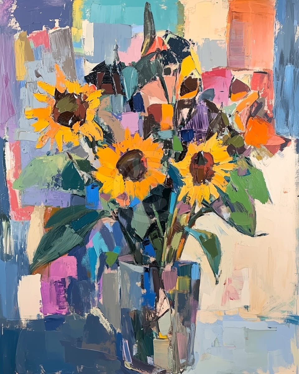 Sonnenblumen in Vase mit Bunt Geometrischem Hintergrund