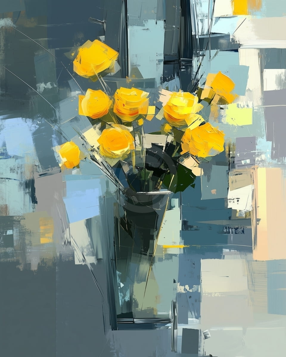 Roses Jaunes dans un Haut Vase en Verre