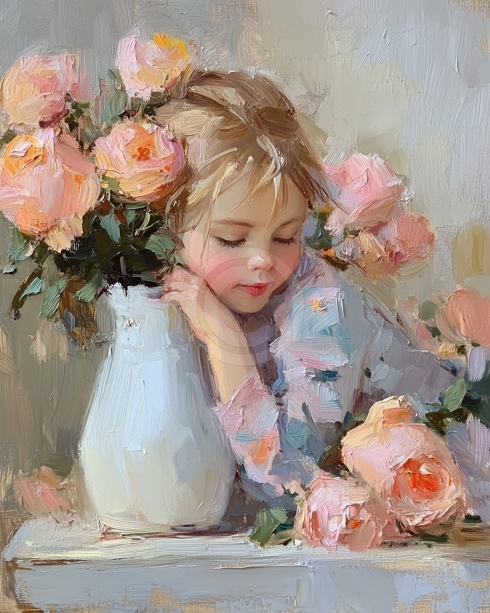 Girl with Pink Roses and White Vase