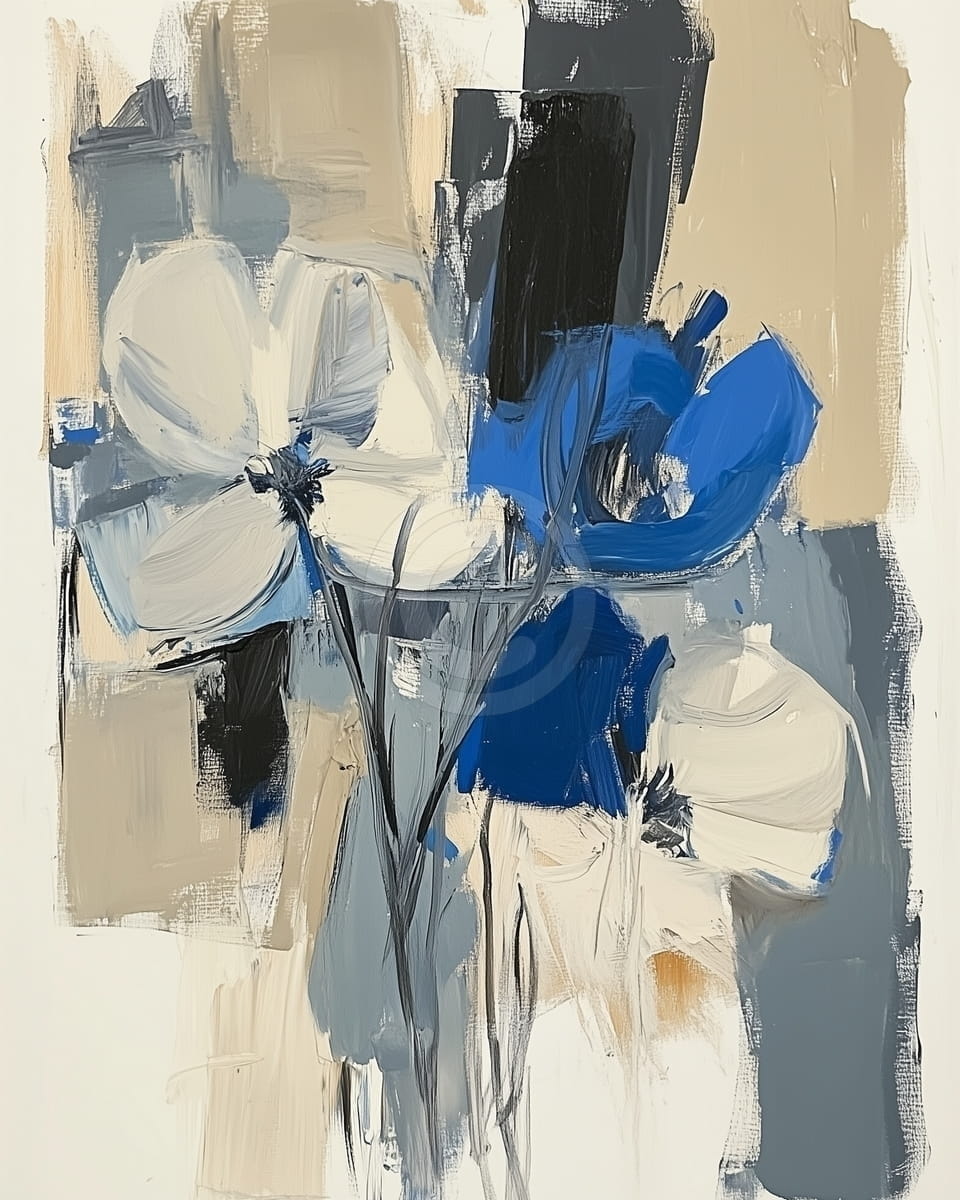 Abstract Floral Arrangement in Blues and Neutrals